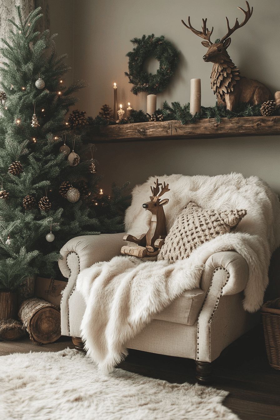Winter deer aesthetic decor featuring a cozy armchair with faux fur, wooden deer accents, and soft Christmas greenery