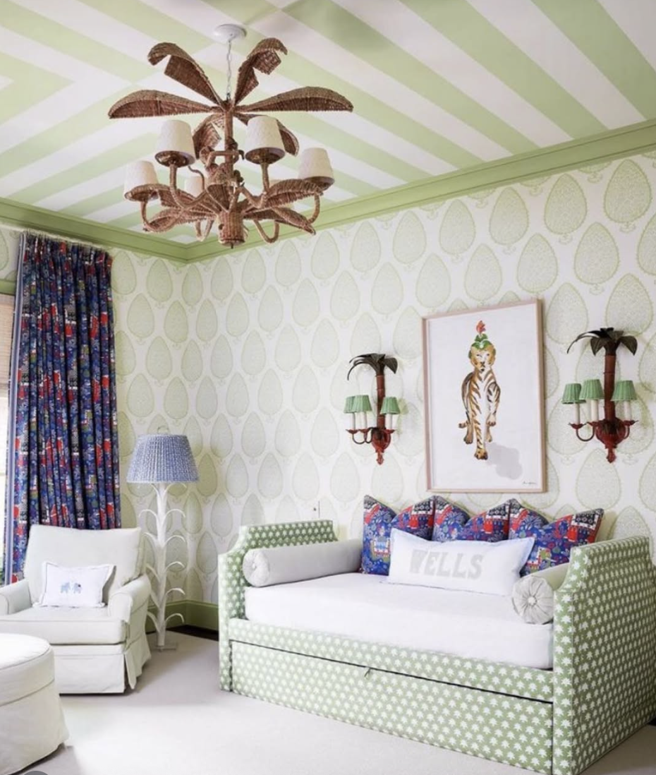 Kids striped ceiling bedroom with green and white ceiling stripes, patterned wallpaper, and colorful, playful decor.