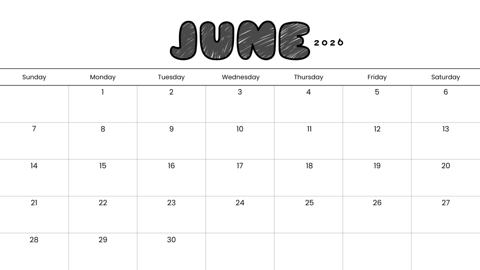 June 01 Letters 10 FREE Minimalist June 2026 Calendar Printable (PDF Download)