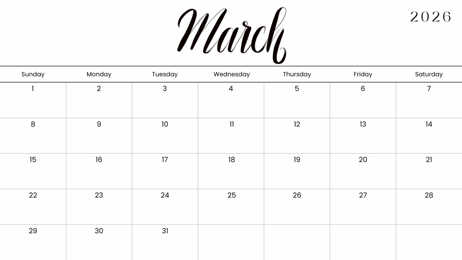 Script March Print 10 FREE Minimalist March 2026 Calendar Printable (PDF Download)