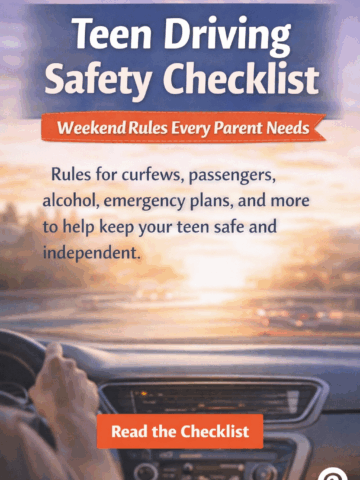 Pinterest pin promoting a teen driving safety checklist for parents, featuring a teen behind the wheel at sunset and a “Read the Checklist” call to action.