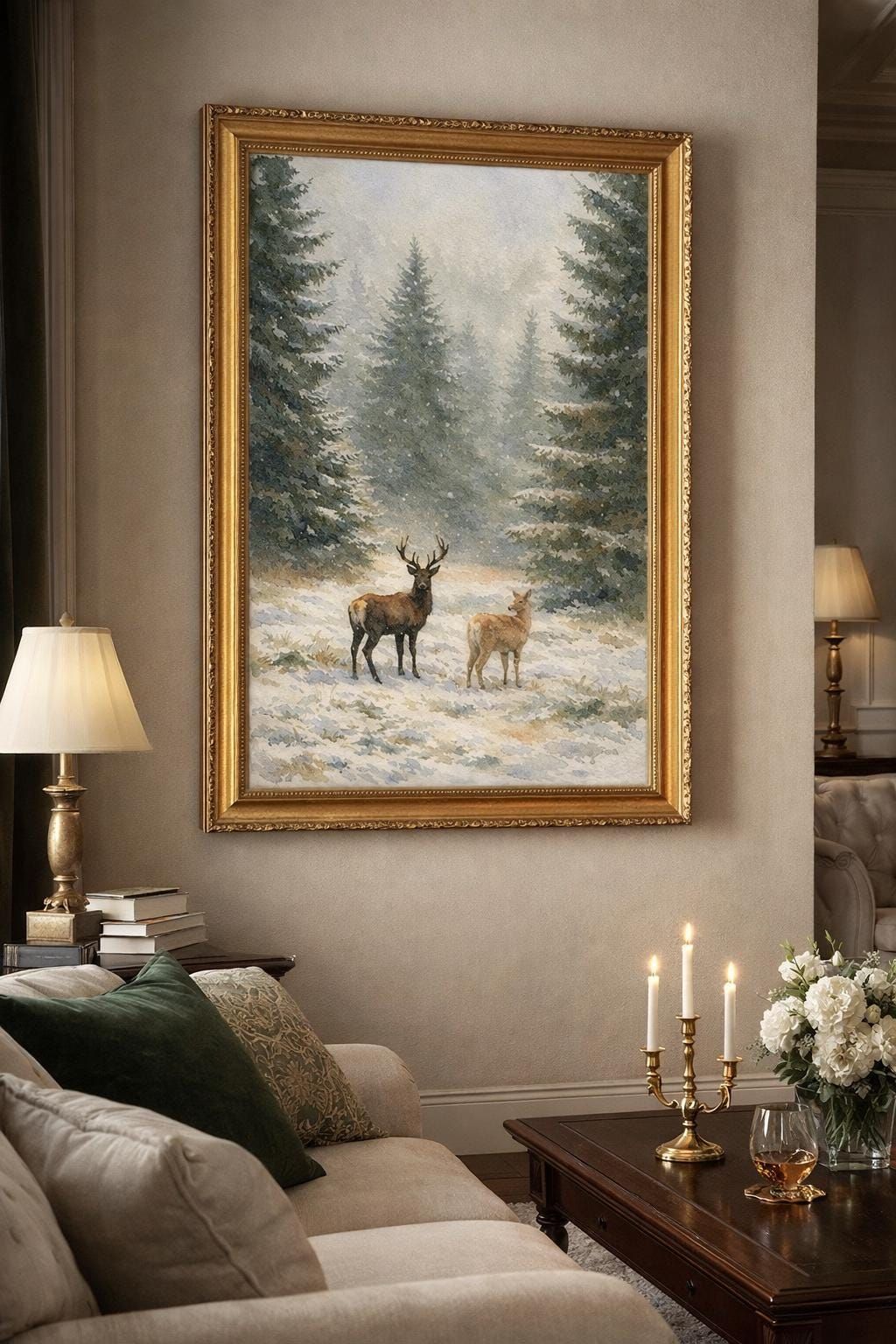 Winter deer aesthetic wall art featuring a framed snowy woodland deer scene styled in a cozy living room