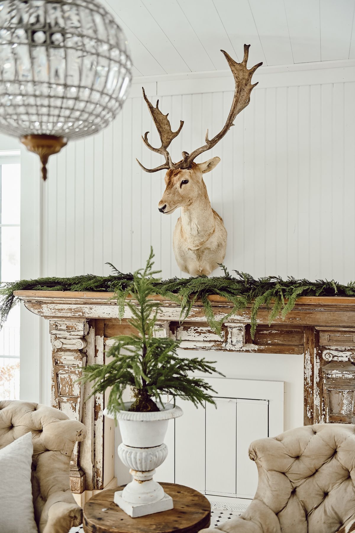 Winter deer aesthetic mantel featuring a mounted deer accent, evergreen garland, and a soft white cottage interior