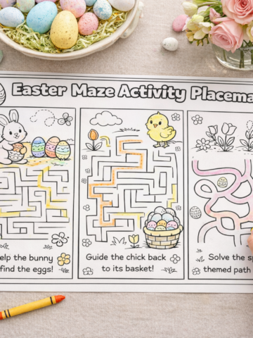 Get 5 free Easter placemat printables for kids. A fun dinner table activity pack with coloring, mazes, and games in PDF format.