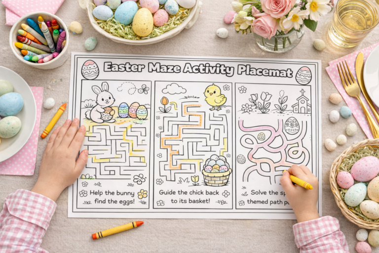 Get 5 free Easter placemat printables for kids. A fun dinner table activity pack with coloring, mazes, and games in PDF format.