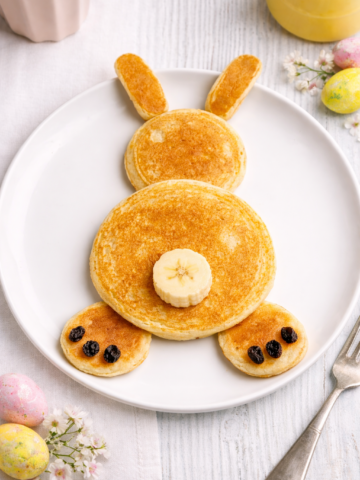 Make these adorable sourdough Easter bunny pancakes for a fun, easy, kid-friendly Easter breakfast your family will love!