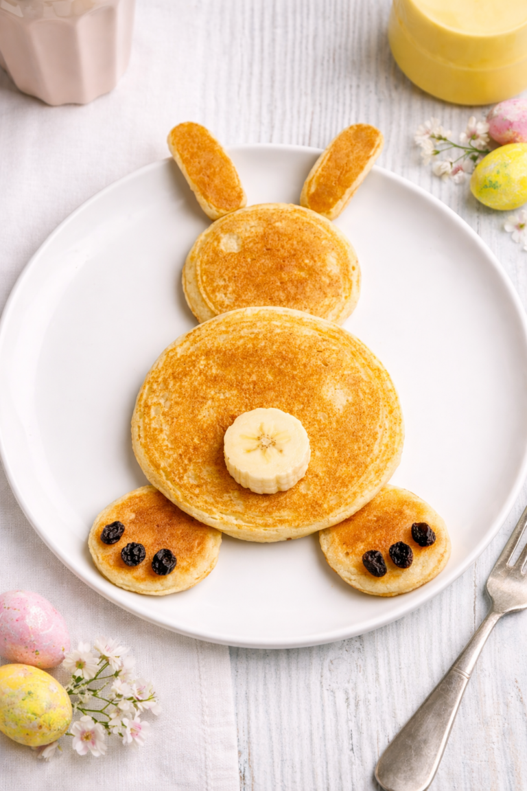 Make these adorable sourdough Easter bunny pancakes for a fun, easy, kid-friendly Easter breakfast your family will love!