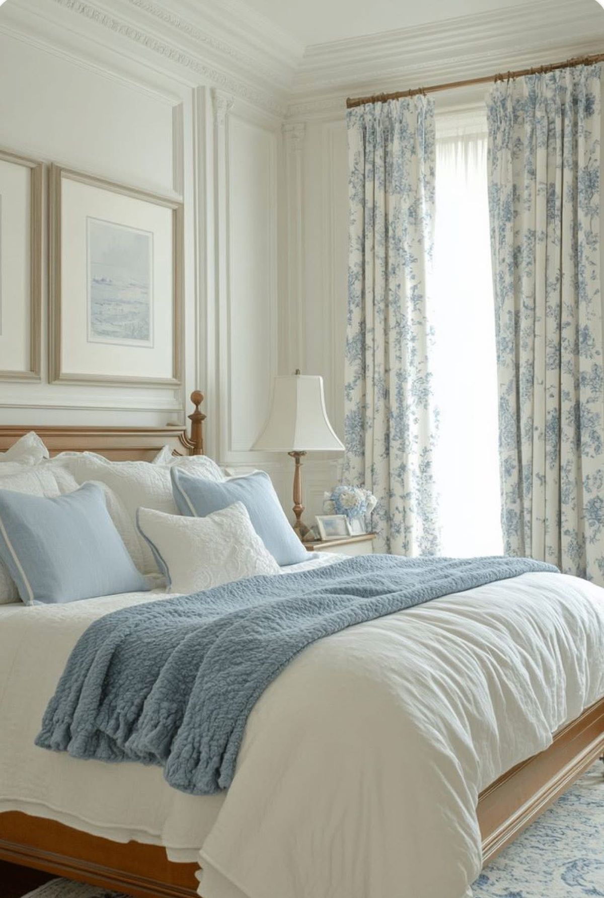 Traditional bedroom with blue and white bedding, floral blue curtains, classic wall molding, and warm wood bed frame