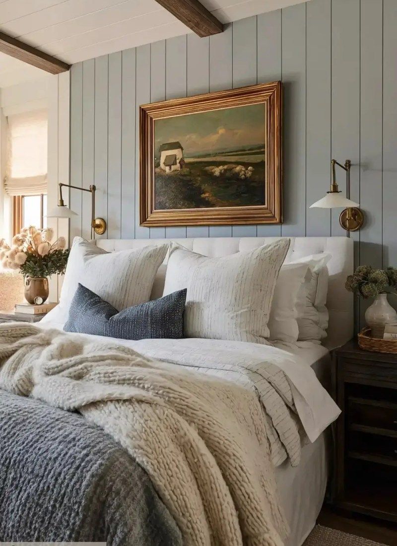 Cozy bedroom with soft blue vertical shiplap accent wall, white bedding, and brass wall sconces