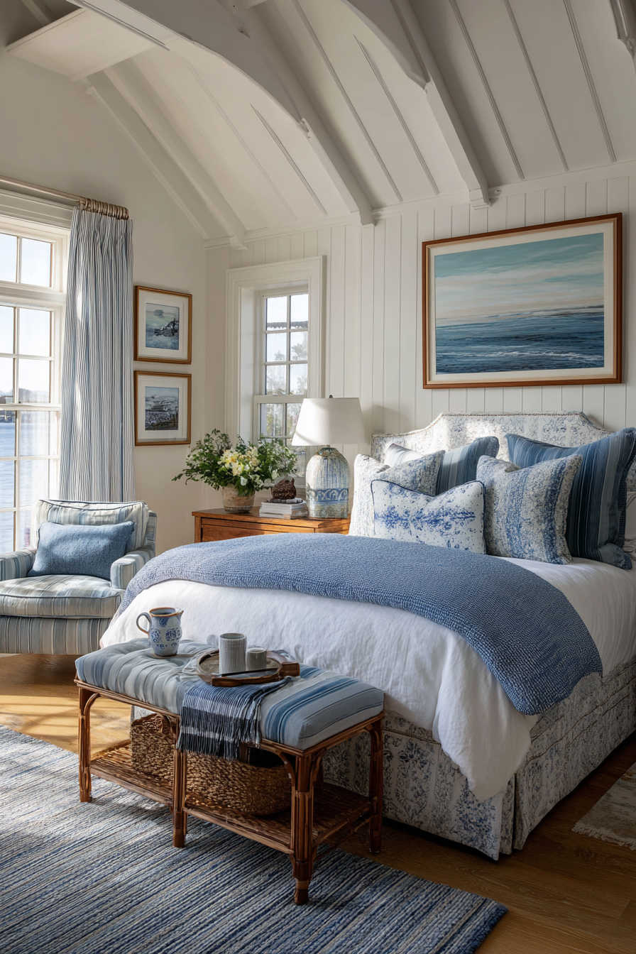 Coastal blue bedroom with white shiplap walls, blue patterned pillows, woven bench, striped rug, and ocean artwork above the bed