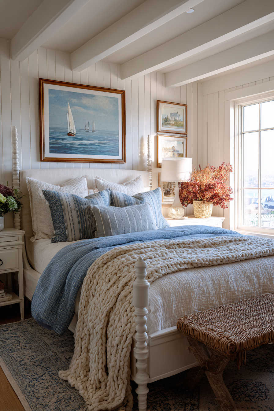Coastal cottage bedroom with white shiplap walls, blue striped pillows, sailboat artwork, woven bench, and layered neutral bedding