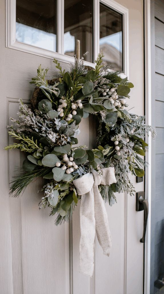 Farmhouse style wreath with eucalyptus, frosted greenery, white berries, and a soft linen bow on a neutral front door