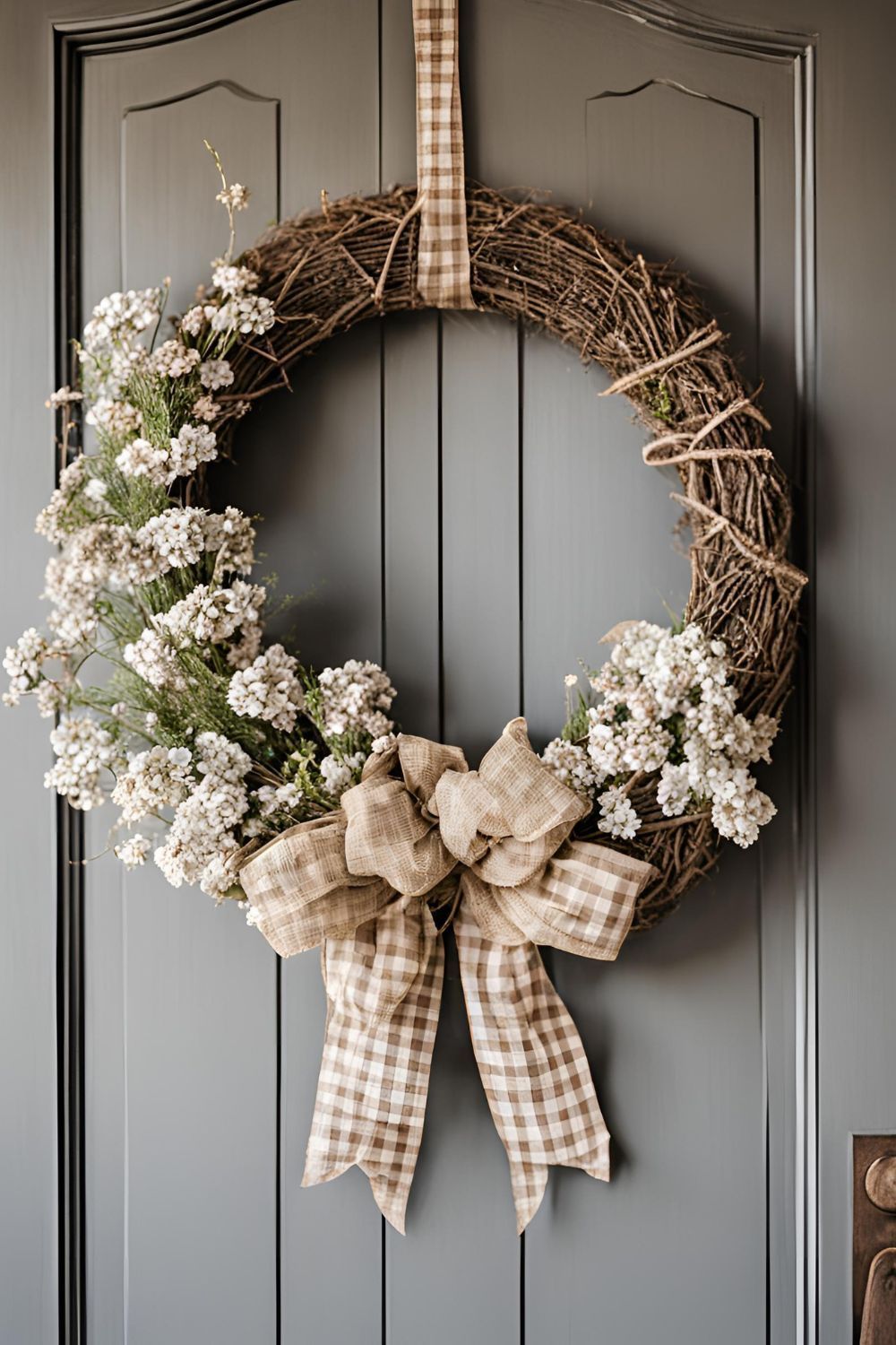Rustic farmhouse twig wreath with white florals and a burlap plaid bow hanging on a dark paneled front door
