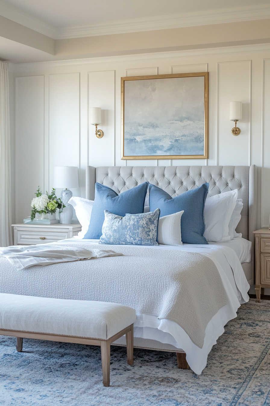 Light blue and white bedroom with tufted upholstered headboard, layered blue pillows, board and batten wall, and soft neutral bedding