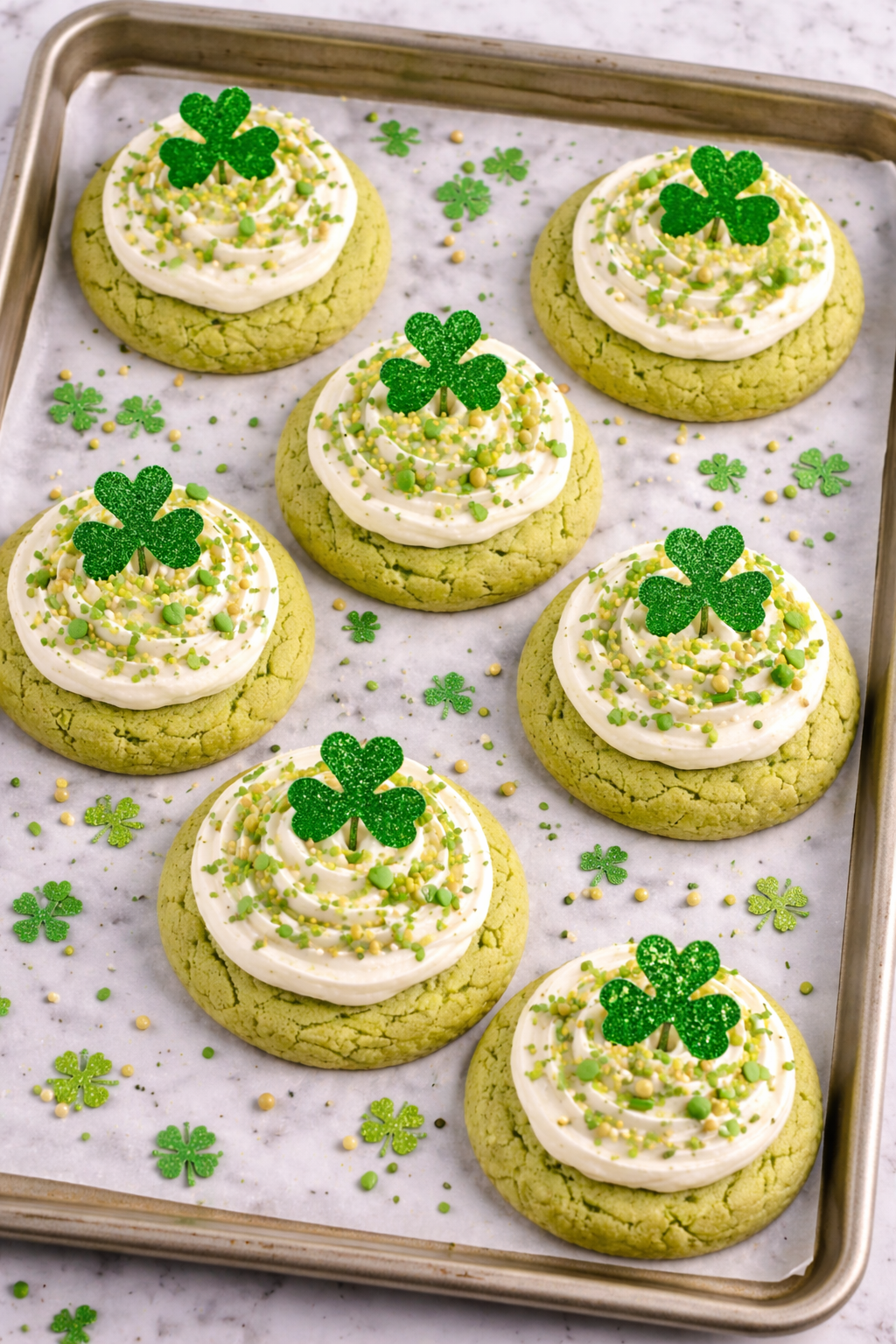 Bird's eye view of frosted matcha sugar cookies for St. Patrick's Day arranged on a parchment-lined baking sheet with green and gold sprinkles and shamrock toppers.