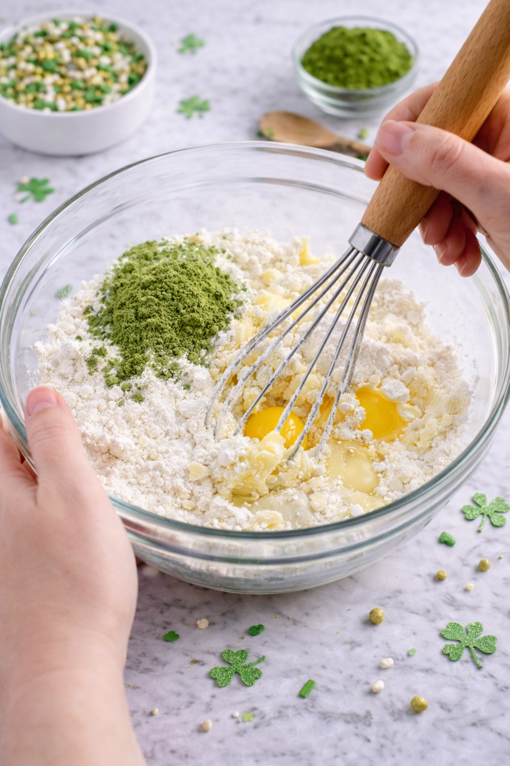 Hands whisking matcha sugar cookie dough in a glass mixing bowl with flour, eggs, and matcha powder on a marble counter with festive green sprinkles.