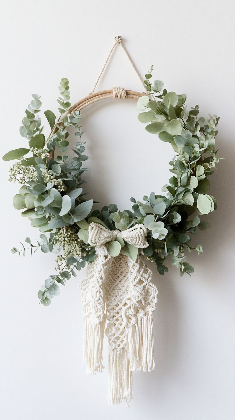 Modern eucalyptus wreath with soft greenery and a neutral macrame bow hanging on a white wall