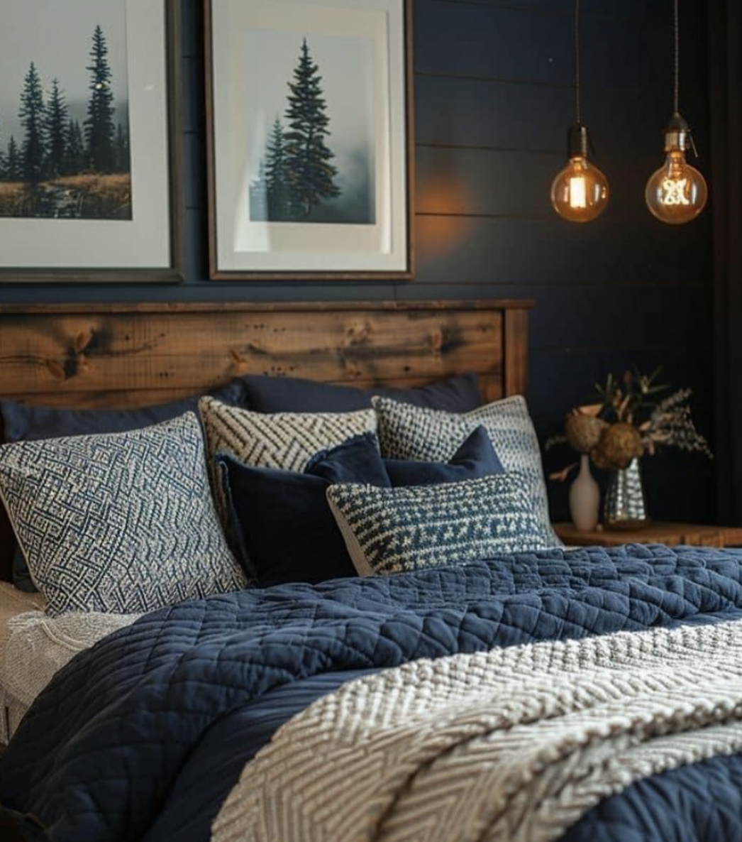 Moody navy bedroom with dark blue walls, wood headboard, layered navy bedding, and warm pendant lighting