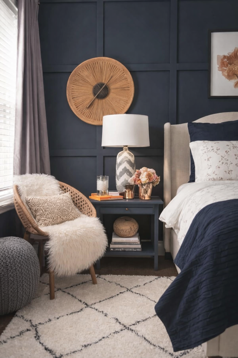 Navy blue bedroom with paneled accent wall, neutral bedding, woven wall decor, and cozy reading chair