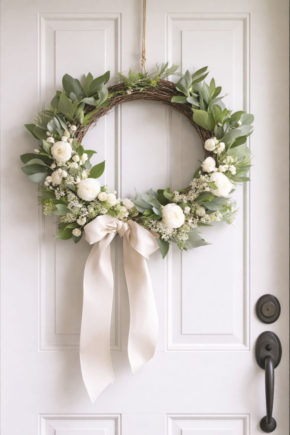 Neutral spring wreath with eucalyptus greenery, white flowers, and a soft ivory bow hanging on a gray front door