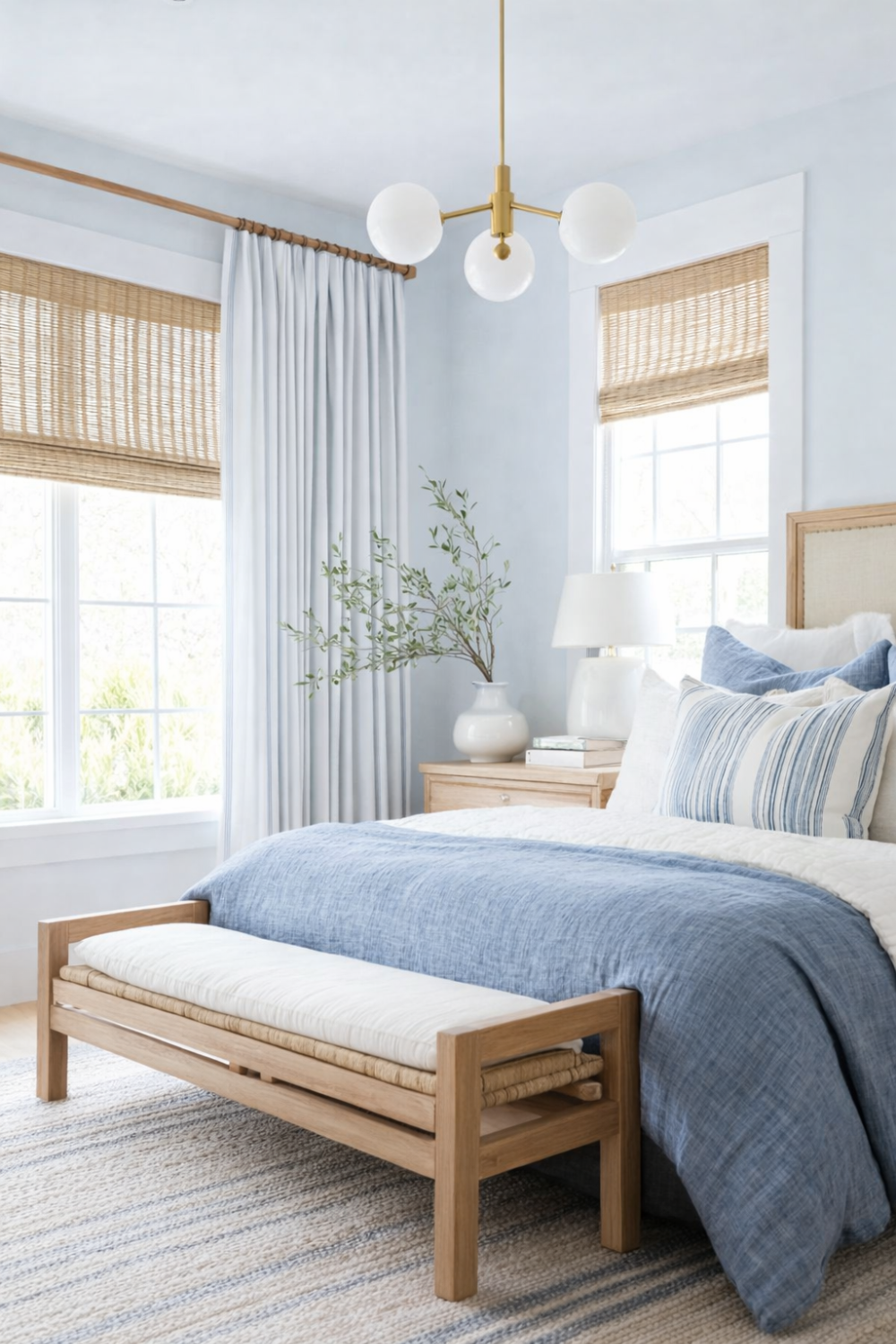 Coastal bedroom with pale blue walls, woven bench, layered blue and white bedding, and modern light fixture