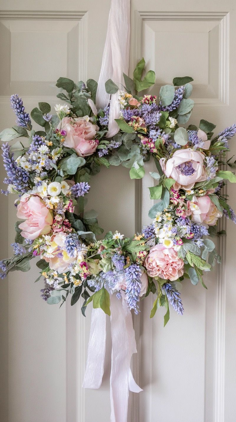 Pastel spring wreath with pink roses, lavender sprigs, daisies, and eucalyptus greenery hanging on a light front door with a flowing ribbon