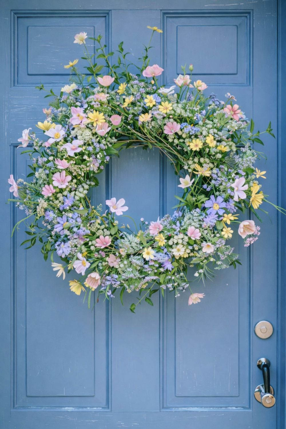 Pastel wildflower spring wreath with soft pink, yellow, and blue flowers and fresh greenery hanging on a blue front door