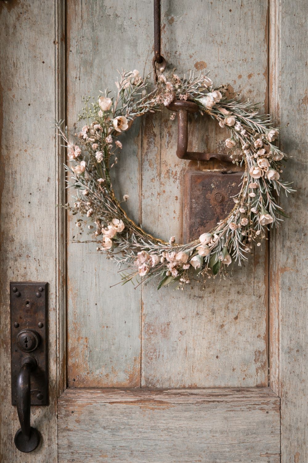 Rustic farmhouse wreath with soft blush flowers and greenery hanging on a weathered vintage wooden door