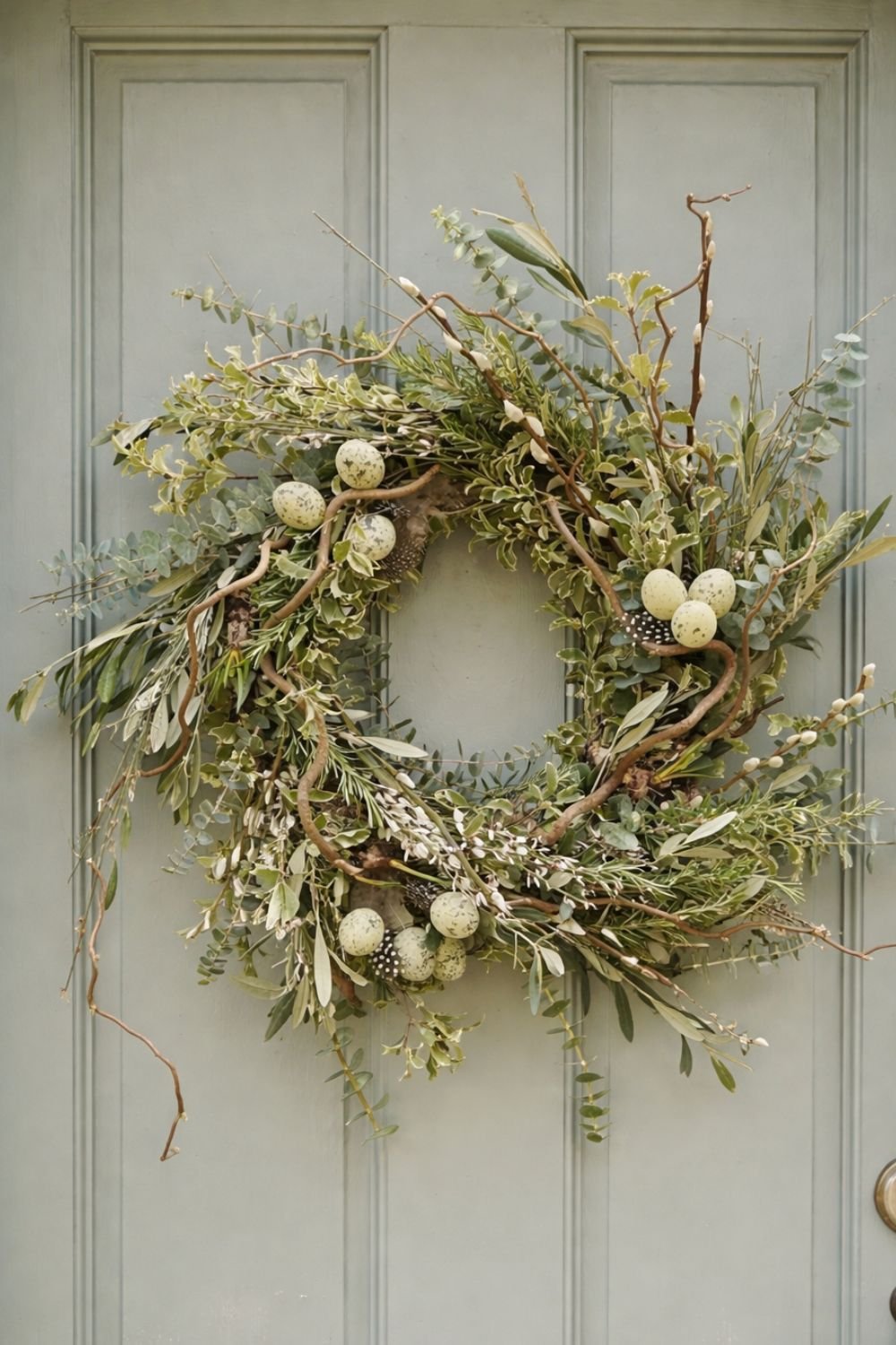 Rustic greenery spring wreath with eucalyptus, twigs, and speckled egg accents hanging on a soft sage front door