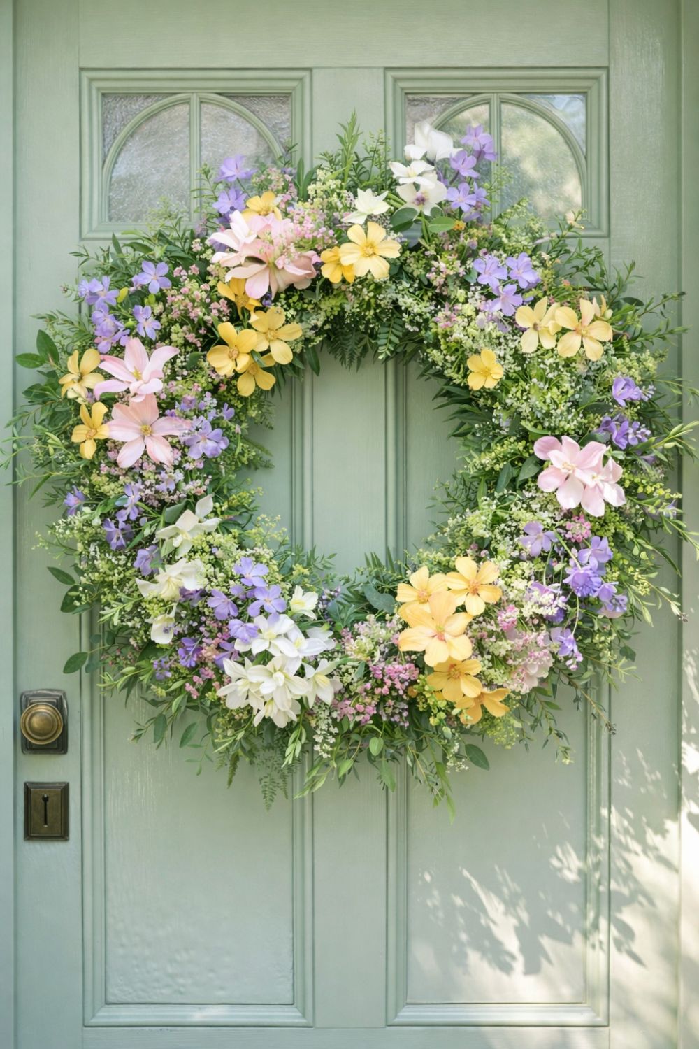 Colorful floral spring wreath with pastel flowers and lush greenery hanging on a sage green front door in soft natural light