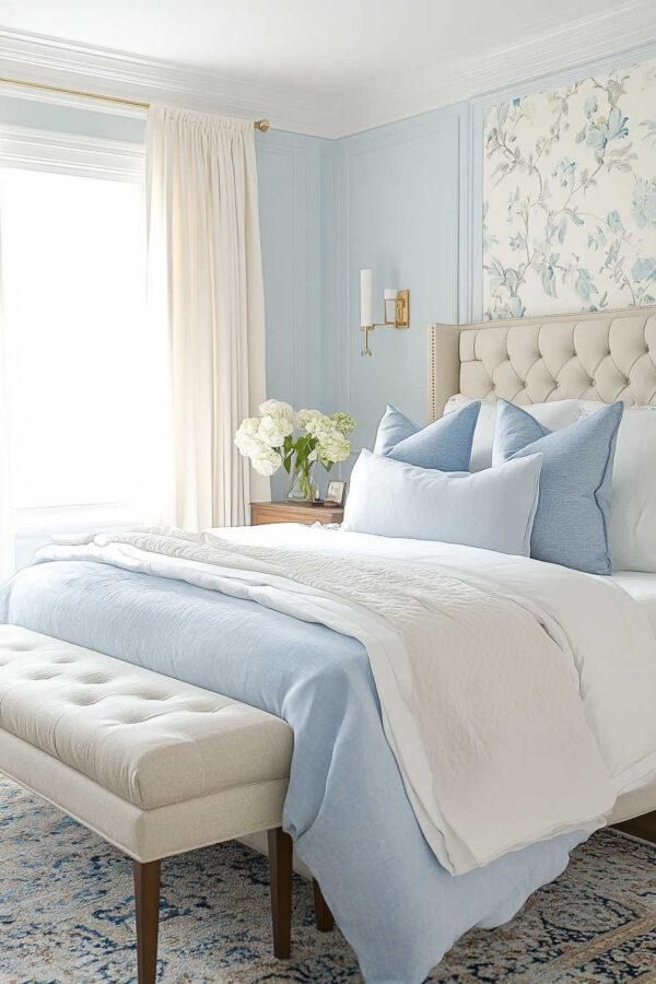 Light blue bedroom with floral wallpaper accent wall, tufted upholstered headboard, layered blue and white bedding, and neutral bench