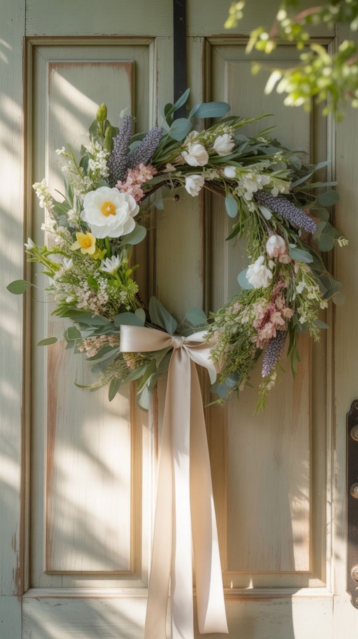 Elegant spring wreath with soft wildflowers, eucalyptus greenery, and a long cream ribbon hanging on a vintage paneled front door