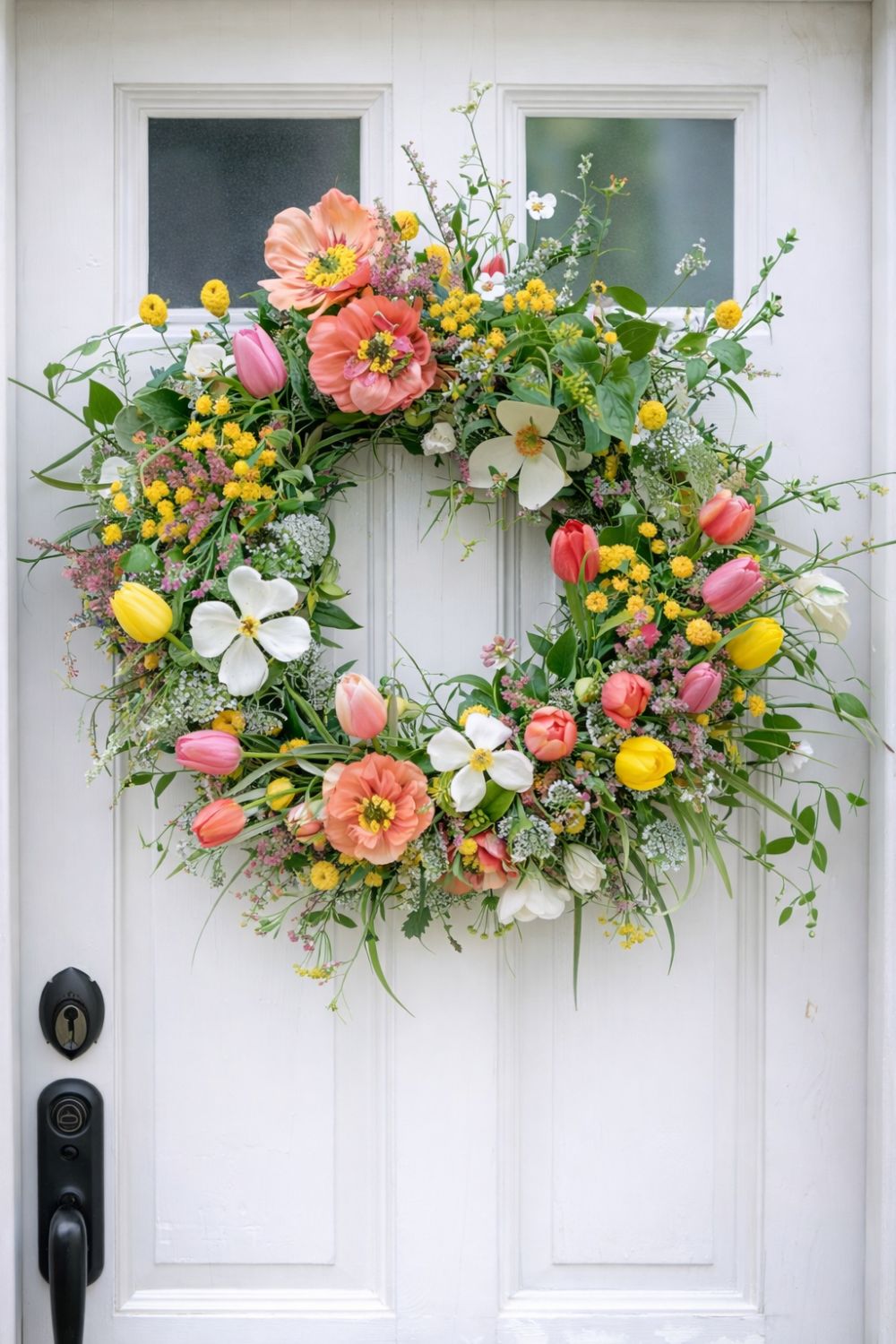 Colorful spring wreath with tulips, peach and white flowers, and lush greenery hanging on a white front door