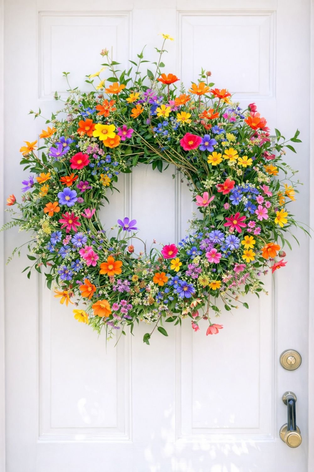 Vibrant wildflower spring wreath with colorful blooms and lush greenery hanging on a white front door
