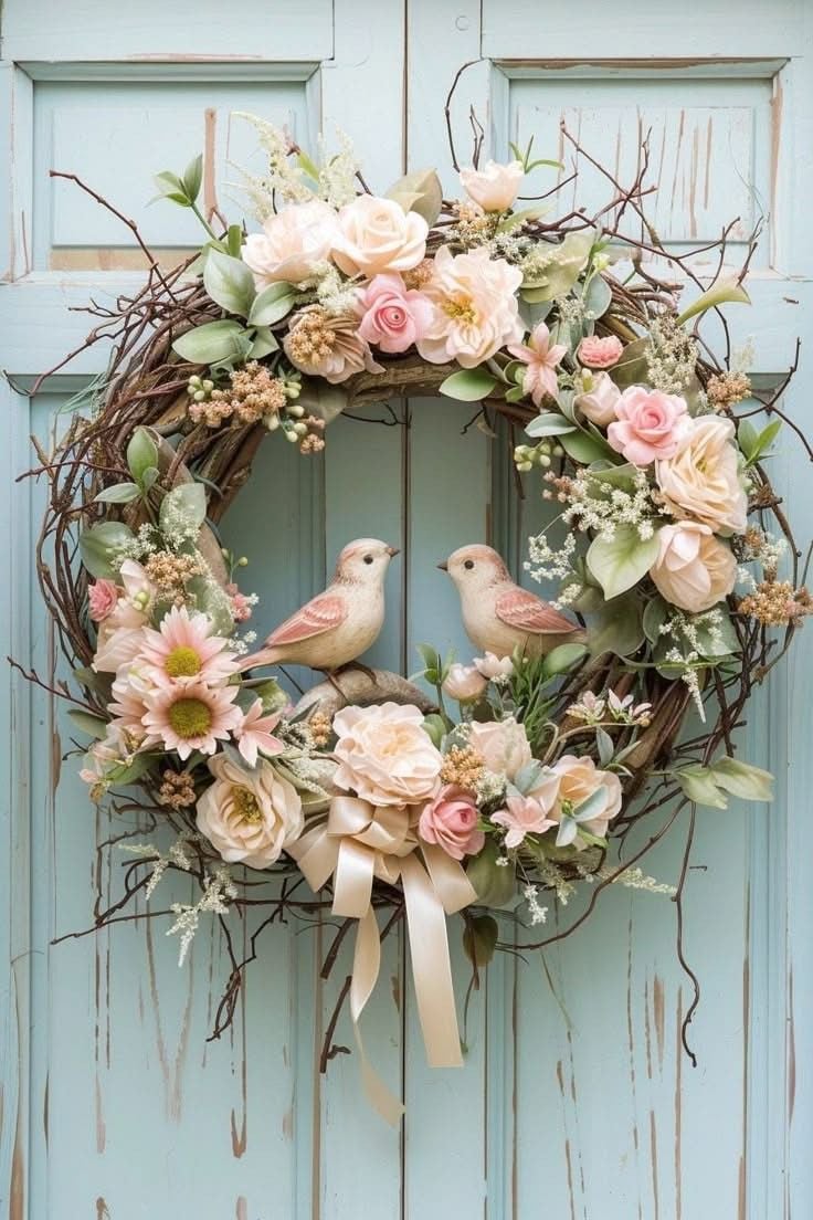 Whimsical spring wreath with blush and cream flowers, greenery, ribbon bow, and two decorative birds on a rustic blue wooden door