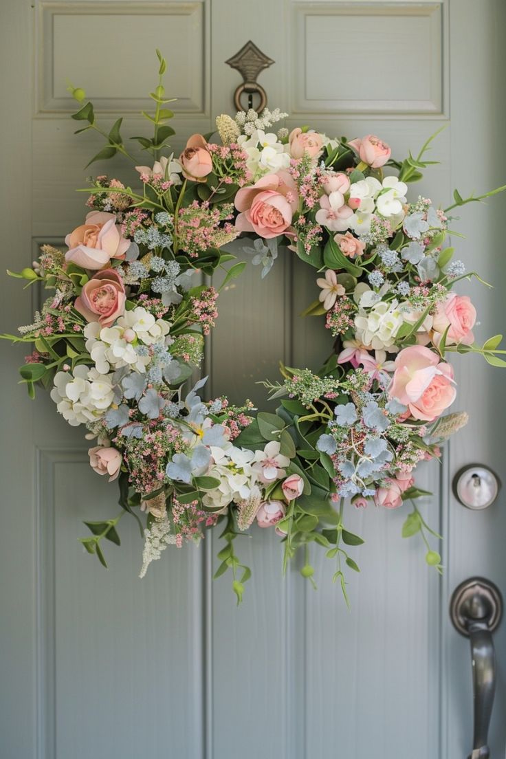 Whimsical spring wreath with blush pink roses, white blossoms, soft greenery, and trailing florals on a muted sage front door