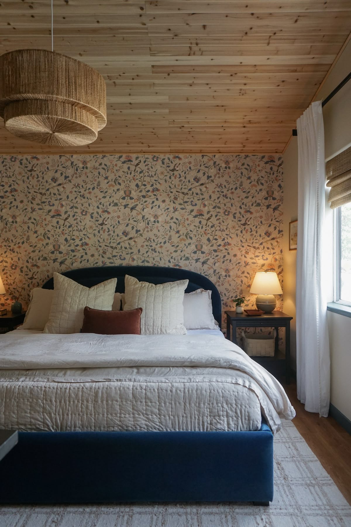Cozy bedroom with natural wood plank ceiling, blue upholstered bed, and delicate floral wallpaper