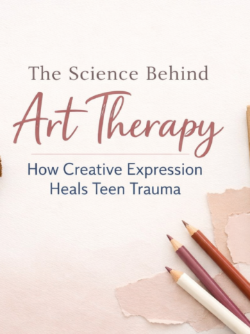 Art therapy tools and sketchbook symbolizing creative expression for healing teen trauma