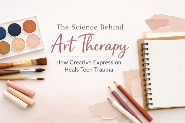 Art therapy tools and sketchbook symbolizing creative expression for healing teen trauma