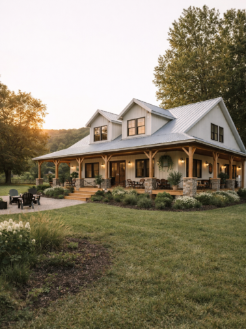 Modern white barndominium with a wraparound porch in a peaceful rural setting at sunset