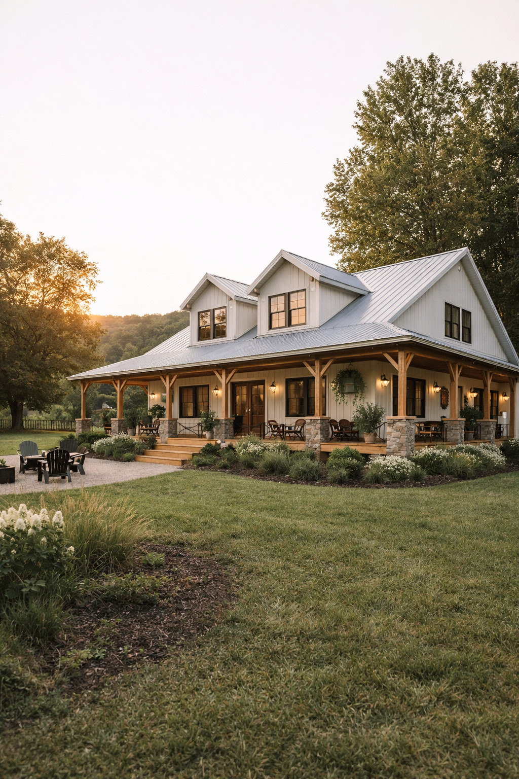 Modern white barndominium with a wraparound porch in a peaceful rural setting at sunset