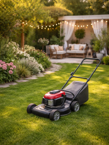 beautiful backyard with a well-maintained green lawn and a lawn mower on the grass
