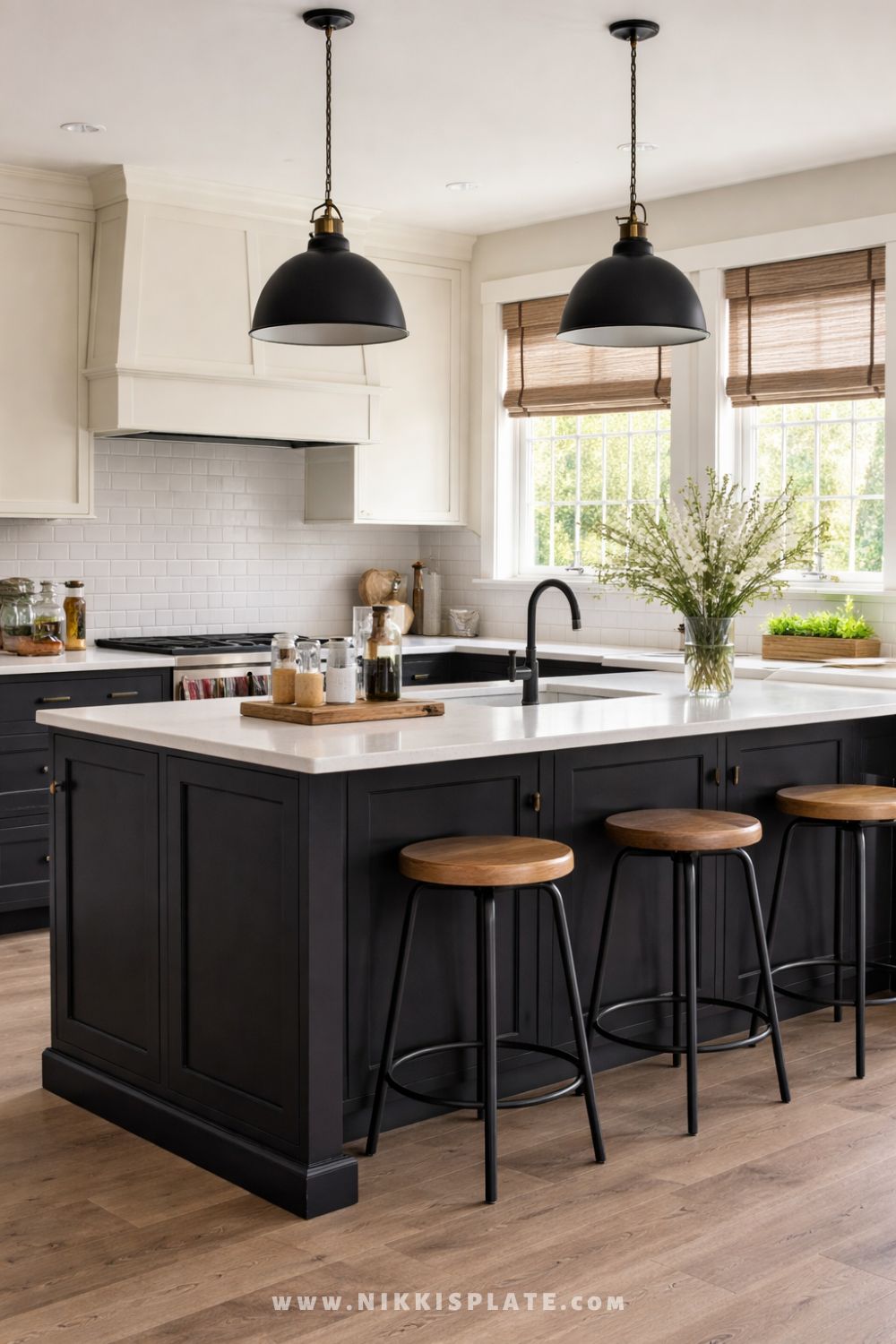 Black farmhouse dome pendant lights hanging above a dark kitchen island with wood stools in a bright farmhouse kitchen.