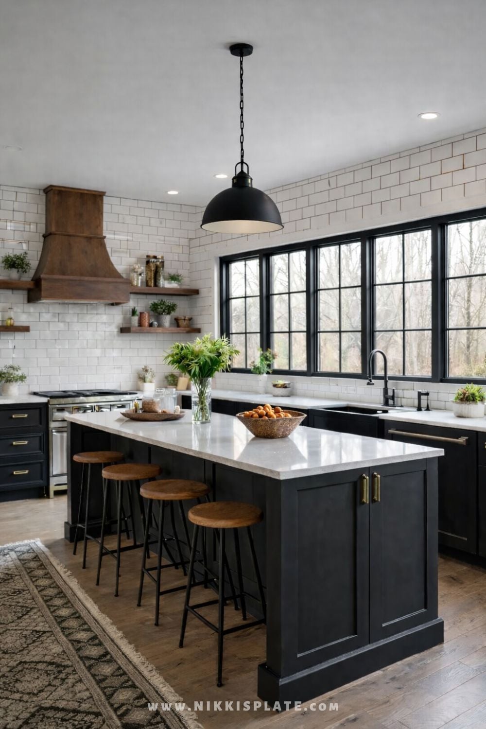 Single black farmhouse pendant light centered above a dark kitchen island with white countertop and wood stools.