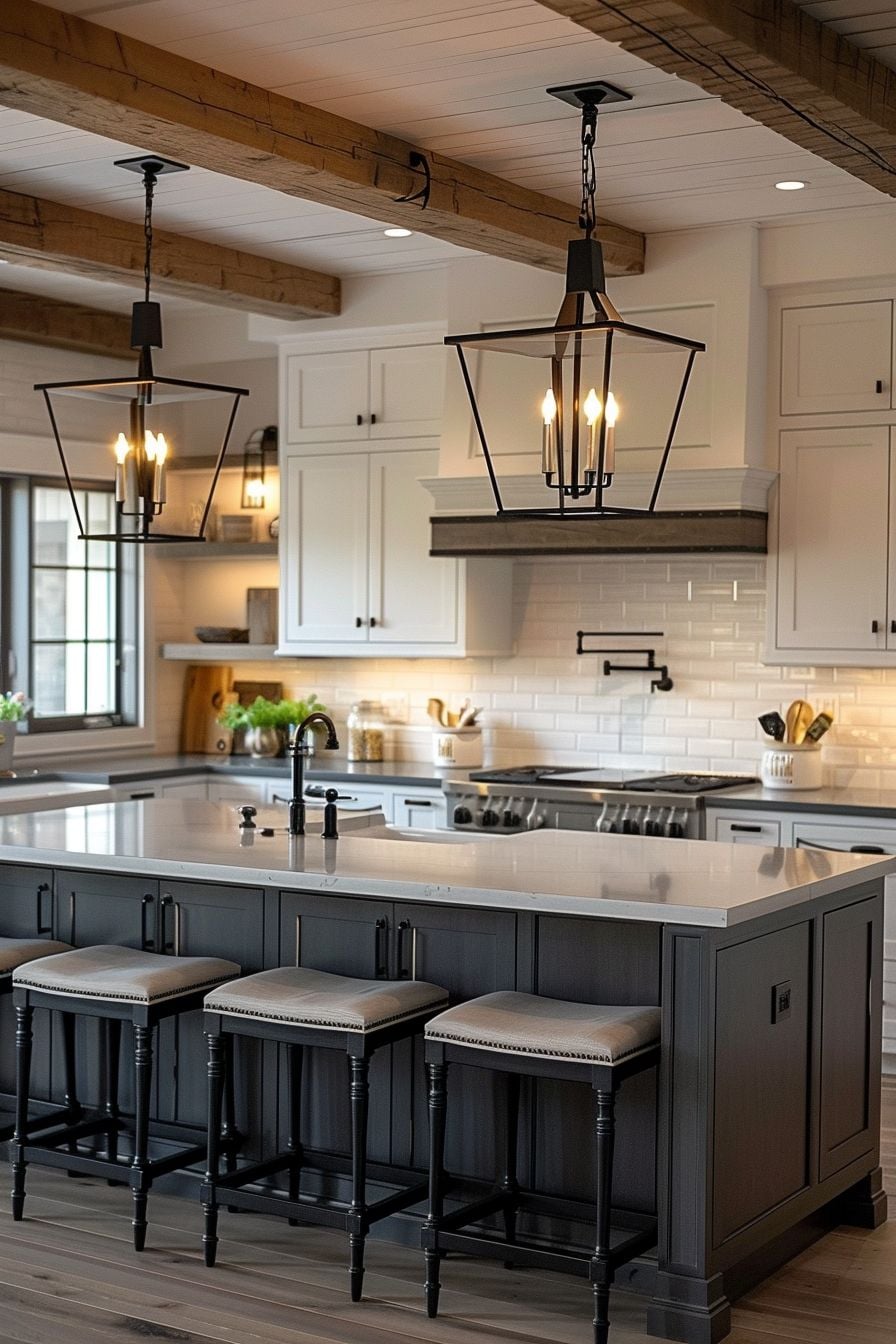 Black lantern farmhouse pendant lights hanging above a white kitchen island with wood ceiling beams in a farmhouse kitchen.