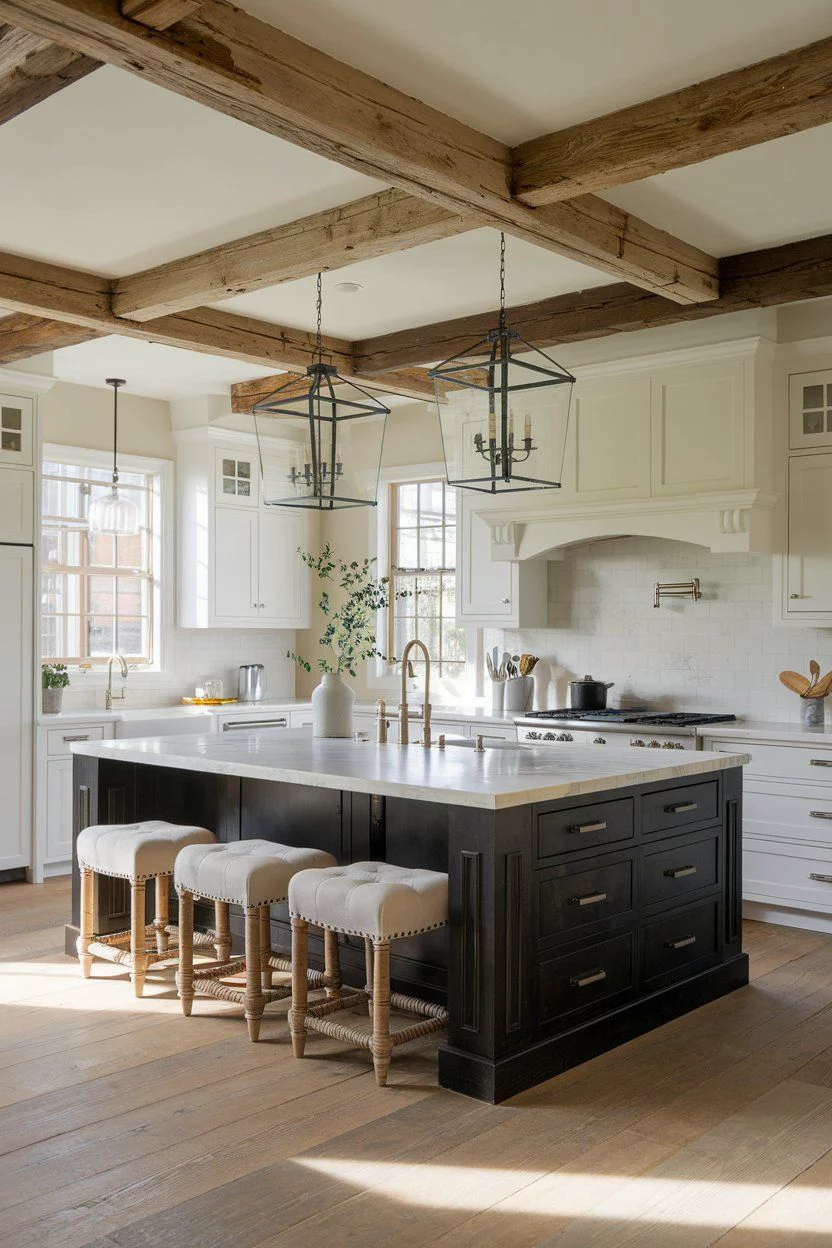 Black lantern farmhouse pendant lights hanging above a white kitchen island with wood beams in a bright farmhouse kitchen.