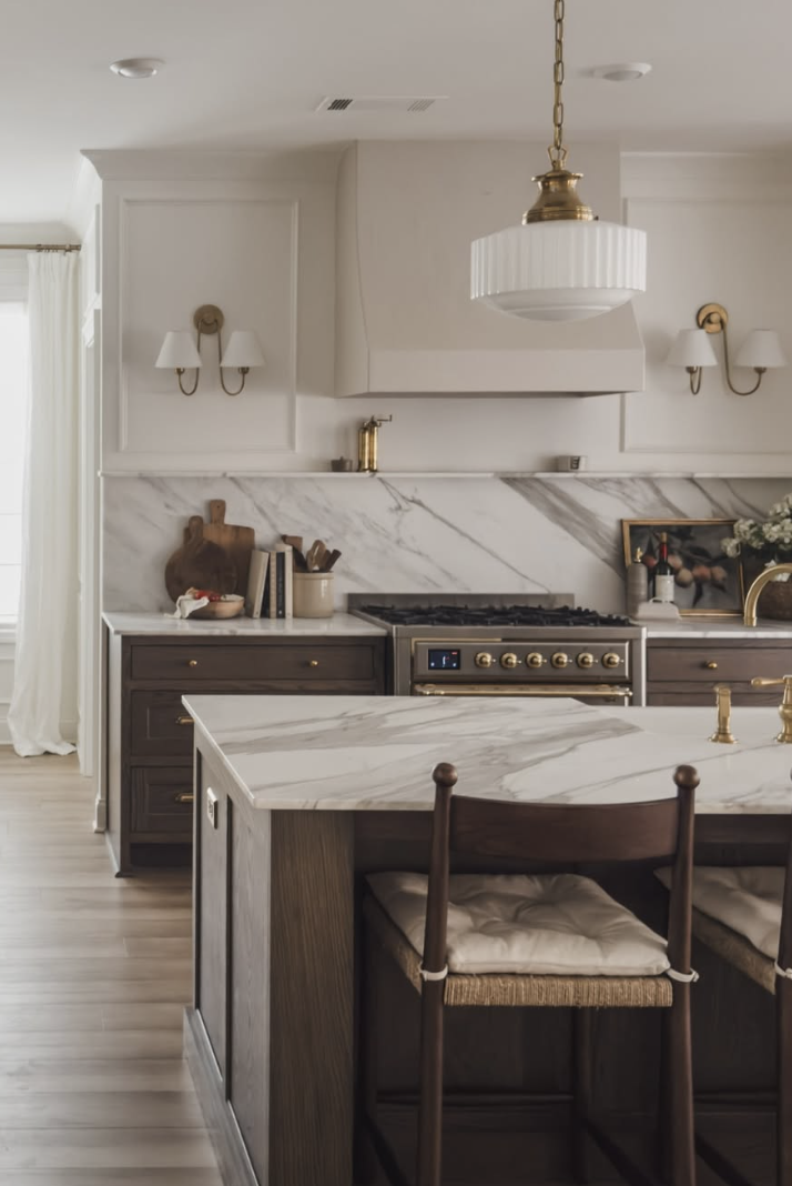 Farmhouse kitchen with a marble island, dark wood cabinetry, brass lighting, and woven bar stools.