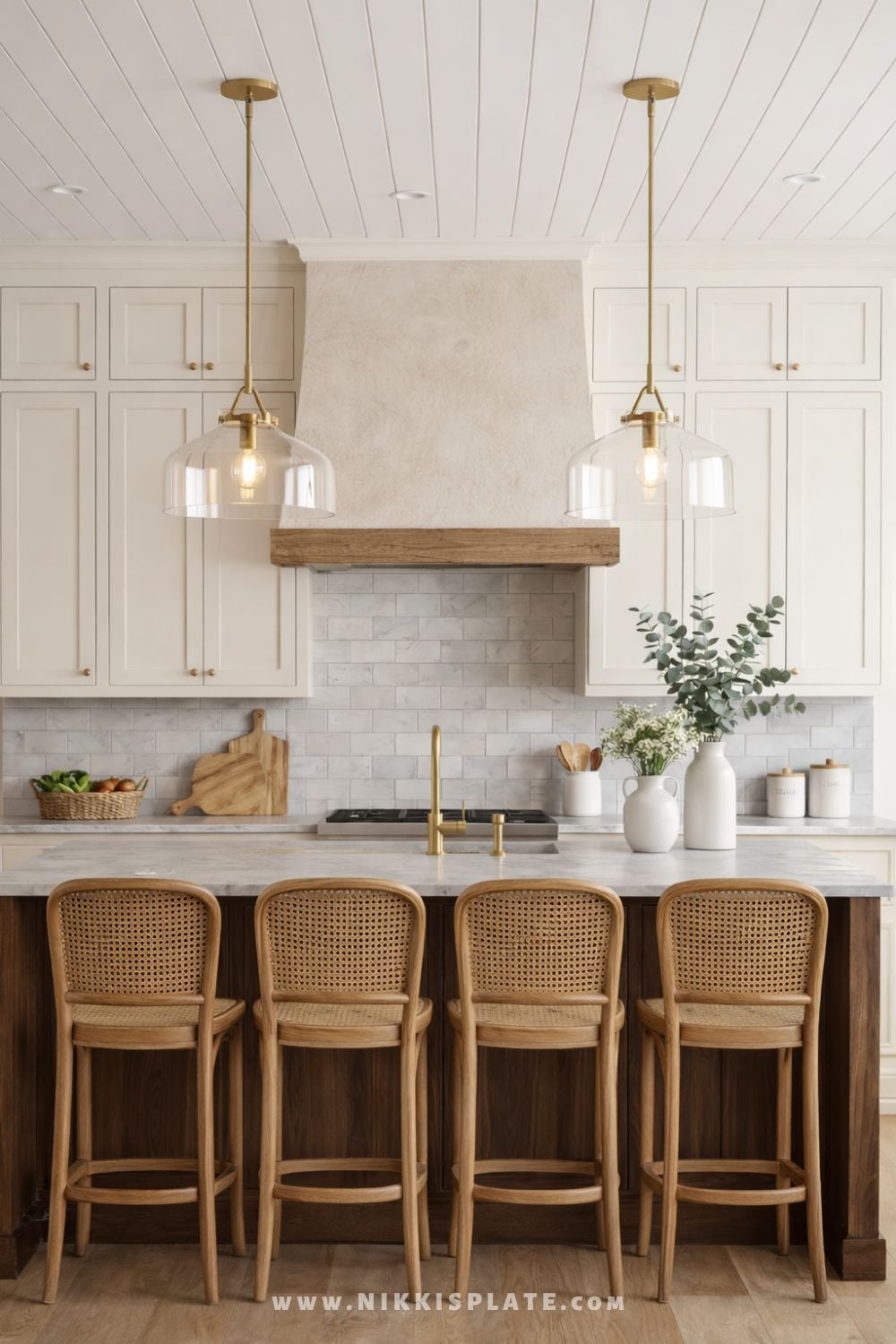 Clear glass dome pendant lights with brass hardware hanging above a farmhouse kitchen island with woven bar stools.