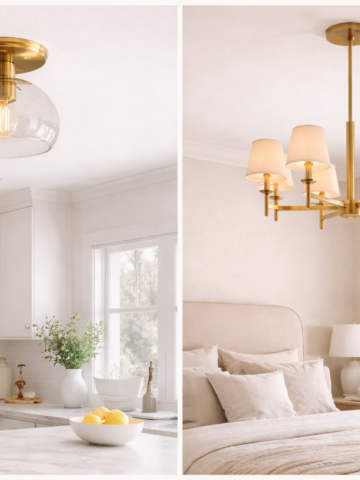 Designer ceiling lights in a bright kitchen and cozy bedroom with brass fixtures and soft neutral decor