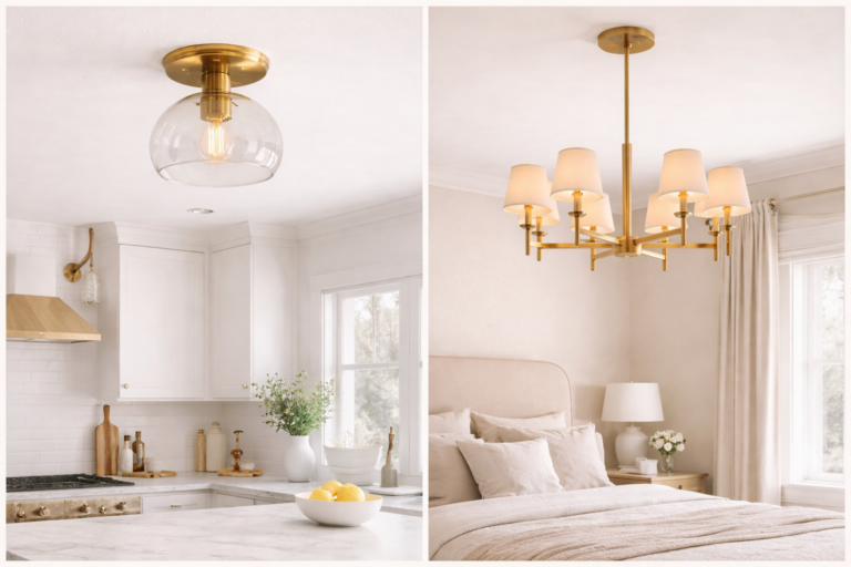 Designer ceiling lights in a bright kitchen and cozy bedroom with brass fixtures and soft neutral decor